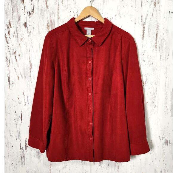 Catherines Tops - Catherines Blouse Top 2X Red Faux Suede Soft Light Button Up Long Sleeve Holiday